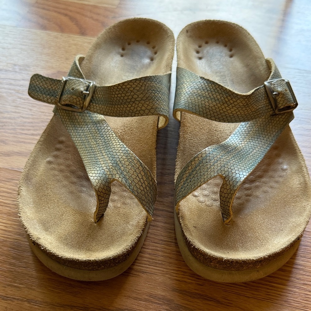 Mephisto Gold Snake-Print Buckle Sandals Size 39